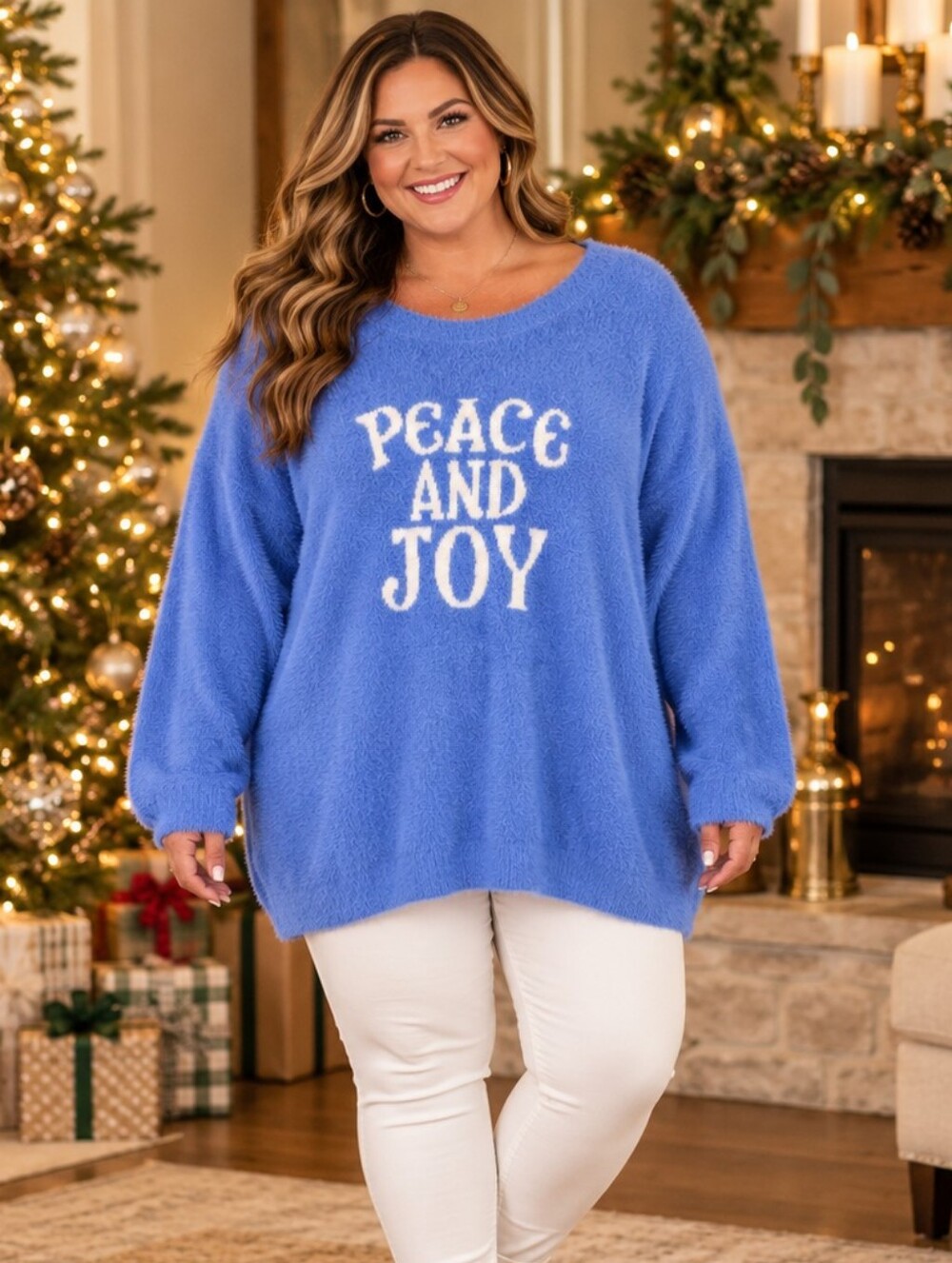LuLaRoe 2XL Blue Peace and Joy Fuzzy Christmas Sweater